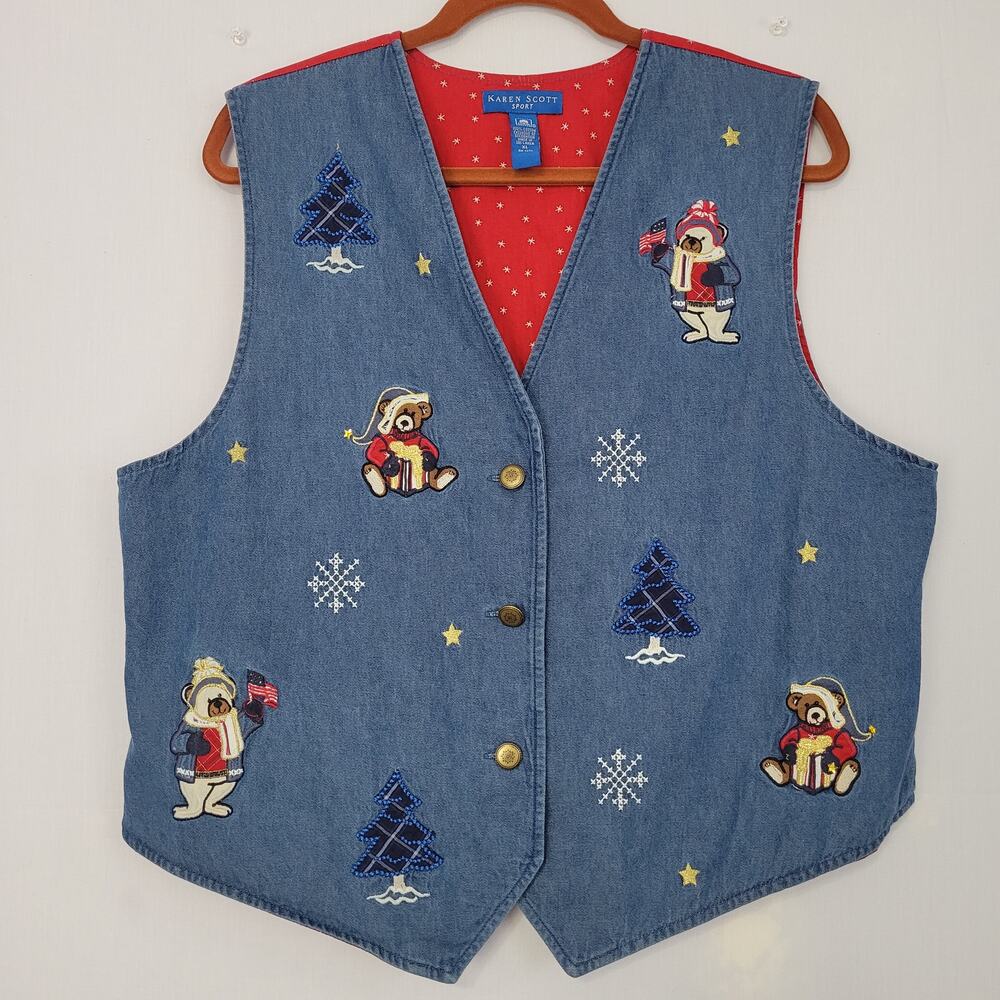 Vintage Teddy Bear Christmas Embroidered Denim Button Front Vest size XL 90s